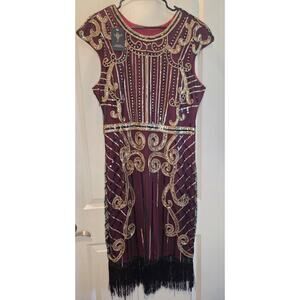 Vijiv Vintahe Dress Size XXL Gold Sequins Detail NWT Fringe Flapper Side Zipper